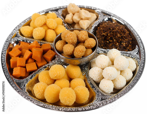 An Elegant Display of Traditional Indian Sweets Including Gajar ka Halwa, Besan Ladoos, Chumchum, Rasgulla, and Sundal on a Decorative Silver Tray, Set Against a White Background to Capture the Essenc photo