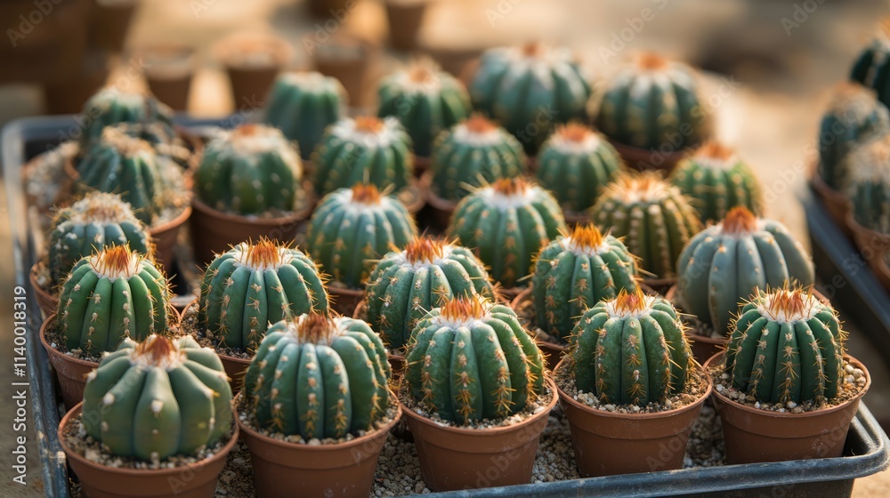 Cacti in Terracotta Pots Sunlit Background Abundant Succulent Plants Garden Display Cacti in Terracotta Pots Sunlit Background Abundant Succulent Plants Garden Display
