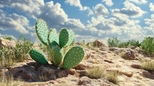 Wallpaper Mural Desert cactus plant thriving on rocky terrain under a bright blue sky with fluffy clouds and surrounding vegetation. Torontodigital.ca