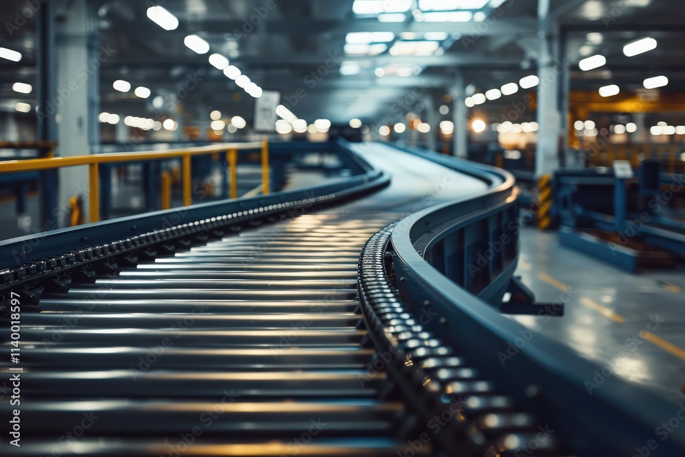 Factory conveyor belt with no items, production line in pause. Factory conveyor belt with no items, production line in pause.