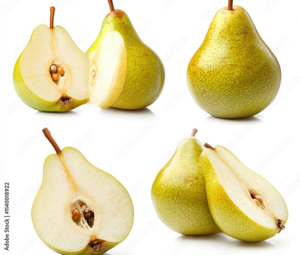 A collection of pears showing whole and sliced views, highlighting their texture and seeds. A collection of pears showing whole and sliced views, highlighting their texture and seeds.