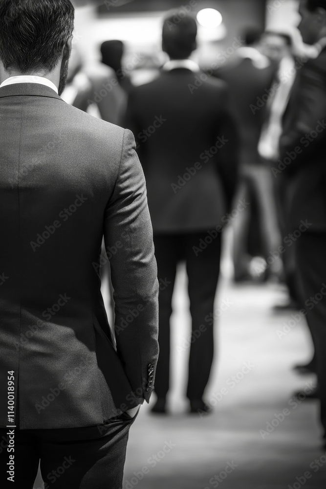 Fototapeta premium Man in suit, backs to camera, blurred crowd.