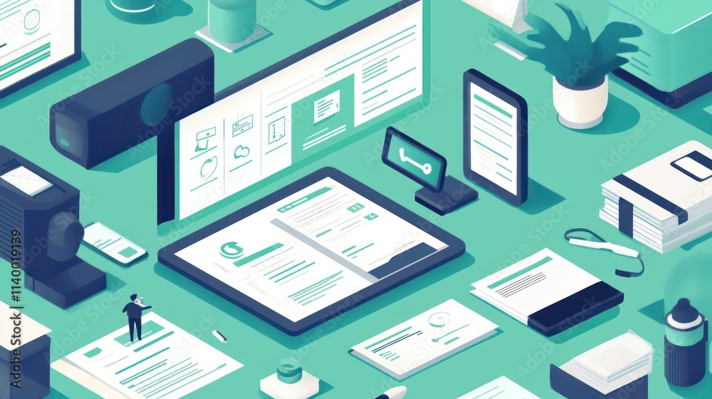 A digital workspace featuring devices and documents, emphasizing productivity and technology. A digital workspace featuring devices and documents, emphasizing productivity and technology.