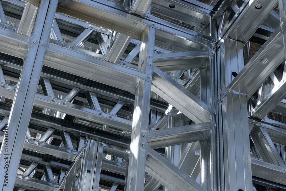 Modern architectural detail, highlighting the precision and strength of steel construction. Steel frame structurewith beams and joints. Modern architectural detail, highlighting the precision and strength of steel construction. Steel frame structurewith beams and joints.