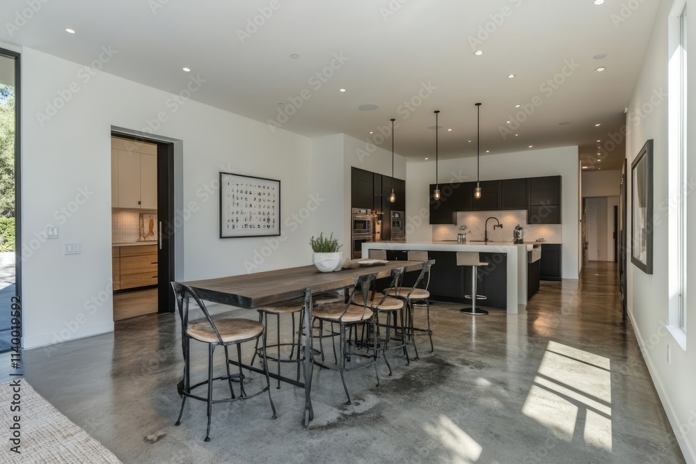 Fototapeta premium Modern Kitchen Dining Area With Island And Wooden Table