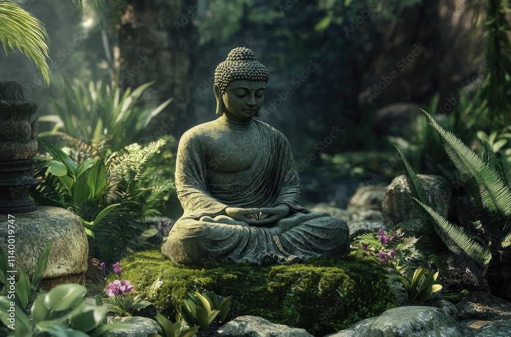 Buddha statue meditating in the jungle, lotus flowers and green plants growing around it, moss covered rocks with ferns Buddha statue meditating in the jungle, lotus flowers and green plants growing around it, moss covered rocks with ferns