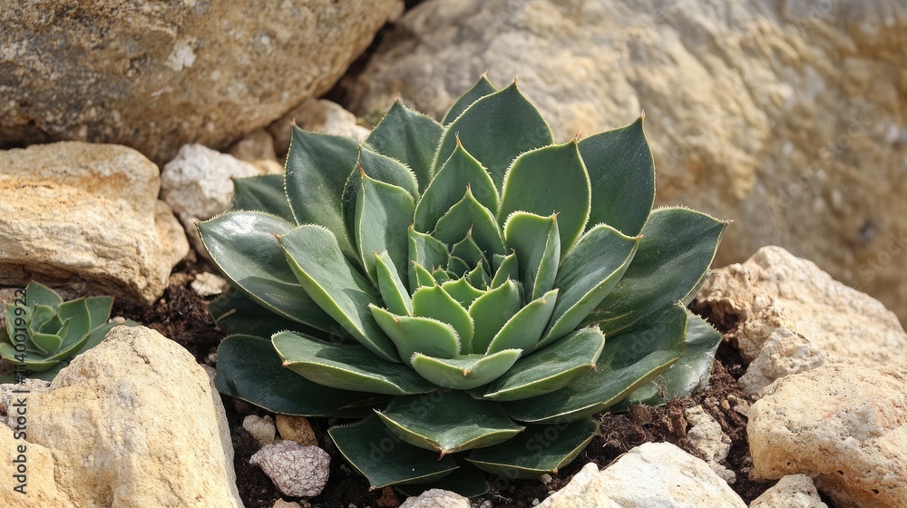 Aloe succulent plant arranged among natural stones showcasing vibrant green leaves in an outdoor setting. Perfect for nature and gardening themes. Aloe succulent plant arranged among natural stones showcasing vibrant green leaves in an outdoor setting. Perfect for nature and gardening themes.