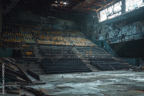 Abandoned large stadium interior slung derelict forsaken outcast photo