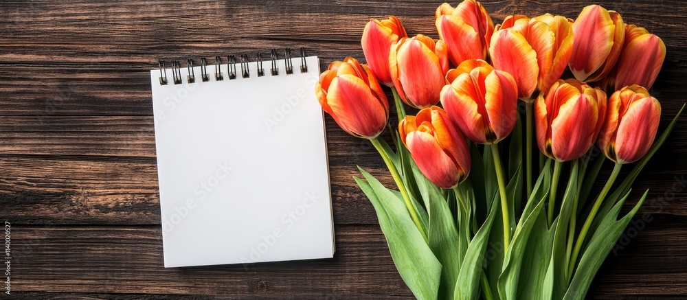 Fototapeta premium Spring tulip bouquet with a blank notepad on rustic wood table perfect for festive designs and creative projects