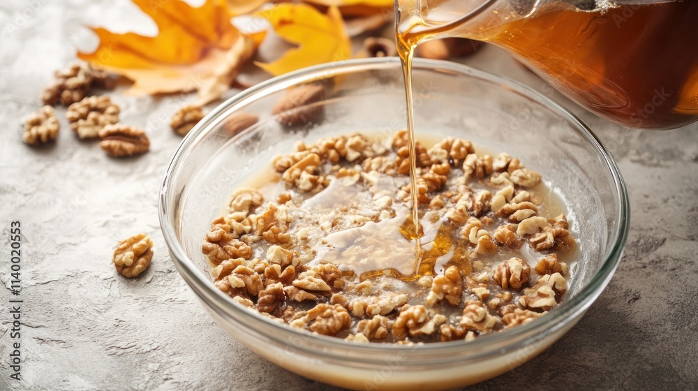 A bowl of walnuts being drizzled with syrup, surrounded by autumn leaves. A bowl of walnuts being drizzled with syrup, surrounded by autumn leaves.