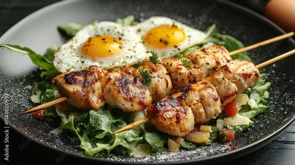 Chicken skewers on Caesar salad with sunny-side-up eggs garnished with herbs on a black plate showcasing a delicious culinary presentation