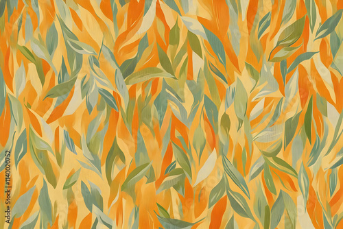 A vibrant abstract pattern of leaves in shades of orange, green, and yellow.