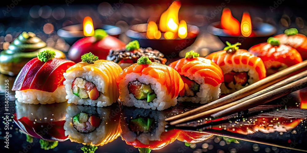Generative AI captures nighttime sushi artistry: a close-up, dark background, chopsticks, and delicious detail. Generative AI captures nighttime sushi artistry: a close-up, dark background, chopsticks, and delicious detail.
