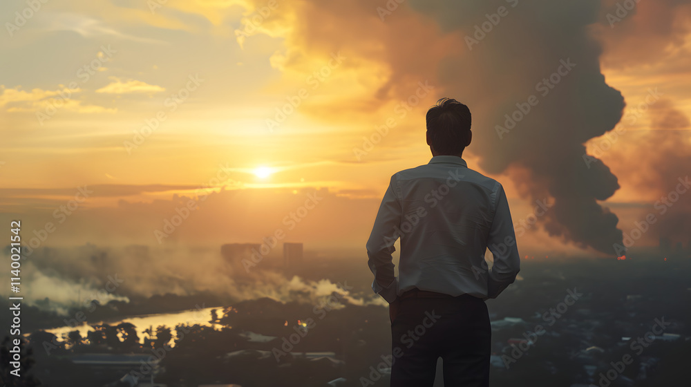 A business executive standing outdoors, looking out at multiple natural disasters approaching, including a flood, wildfire, landslide, and heavy smog from air pollution. The executive is holding a str A business executive standing outdoors, looking out at multiple natural disasters approaching, including a flood, wildfire, landslide, and heavy smog from air pollution. The executive is holding a str