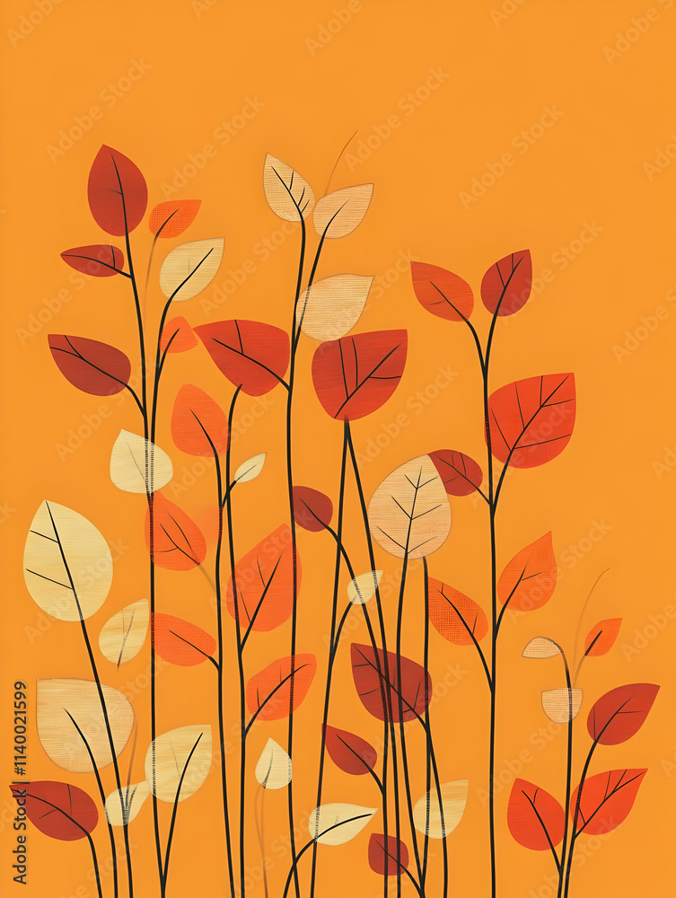 A vibrant illustration of stylized leaves against an orange background. A vibrant illustration of stylized leaves against an orange background.