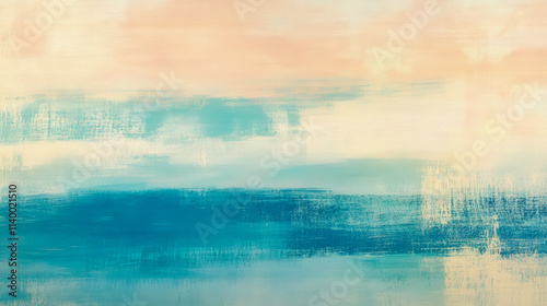 Horizontal thin canvas wall art, featuring a narrow strip design, soft and light colors like pastel blues, creams, and gentle pinks, abstract patterns.