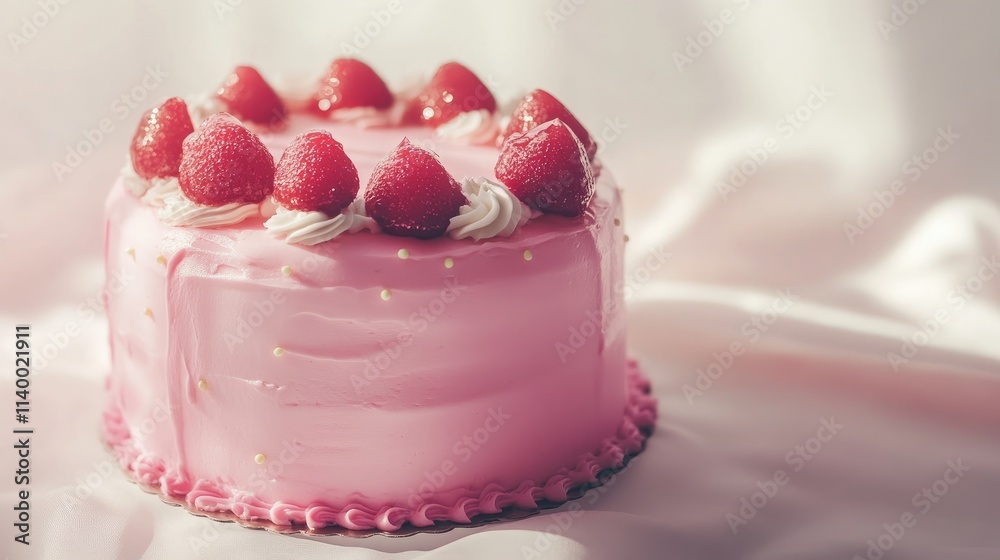 Pink frosted cake with strawberries on top displayed on a soft white background Pink frosted cake with strawberries on top displayed on a soft white background