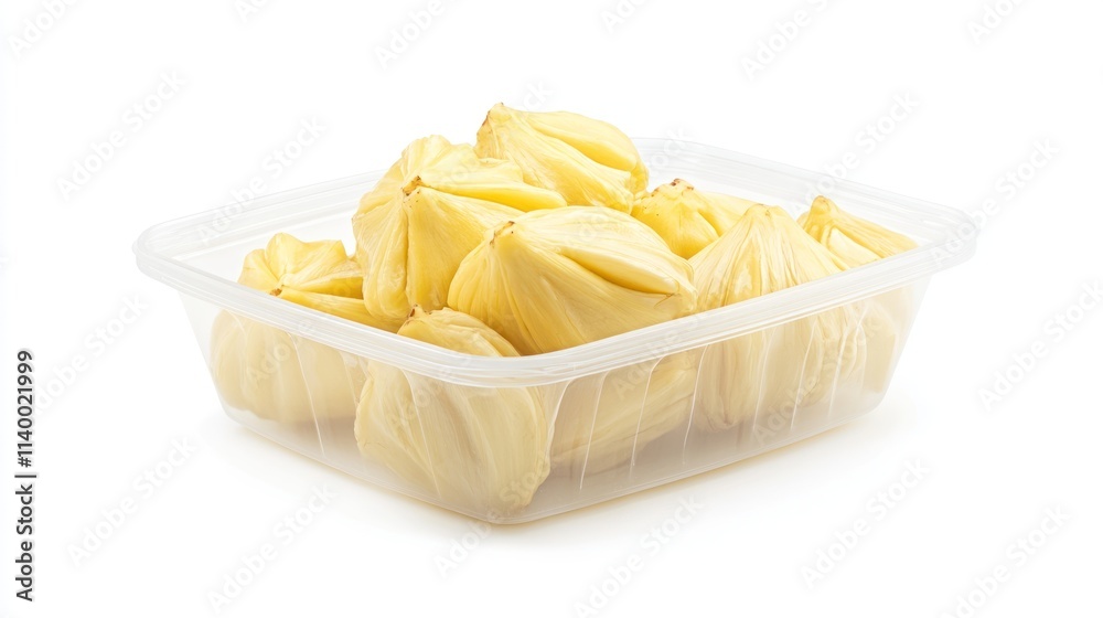 A container filled with yellow jackfruit pods, ready for culinary use. A container filled with yellow jackfruit pods, ready for culinary use.