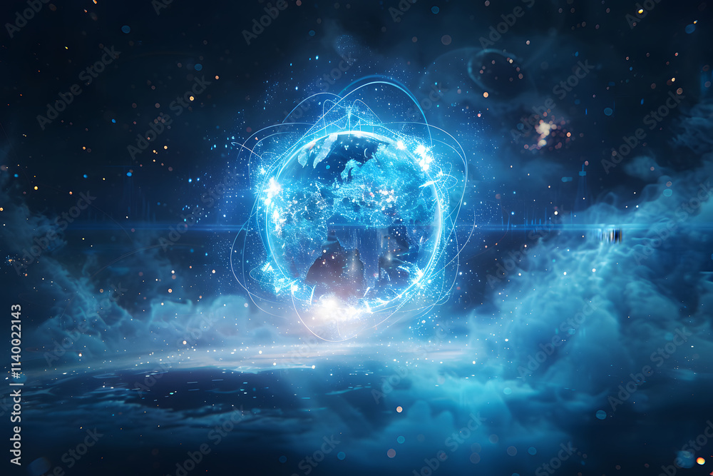 an atom with glowing particles and circuitry I an atom with glowing particles and circuitry I