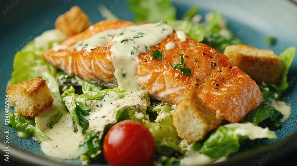Fresh Caesar salad topped with salmon fillet creamy sauce croutons and cherry tomatoes on a blue plate close-up culinary presentation Fresh Caesar salad topped with salmon fillet creamy sauce croutons and cherry tomatoes on a blue plate close-up culinary presentation