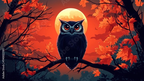 Majestic owl perched on a branch against a vibrant autumnal sunset backdrop, full moon adding mystical ambiance. photo