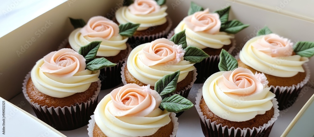 Deliciously decorated cupcakes with cream cheese frosting and rose designs in an elegant box perfect for celebration and gifting. Deliciously decorated cupcakes with cream cheese frosting and rose designs in an elegant box perfect for celebration and gifting.
