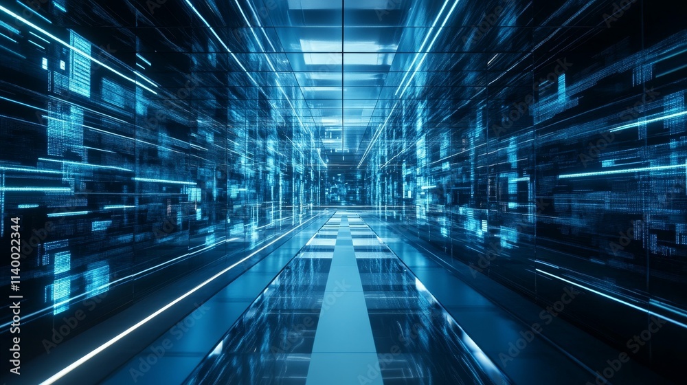 Blue corridor, glowing data streams, futuristic hallway. Blue corridor, glowing data streams, futuristic hallway.