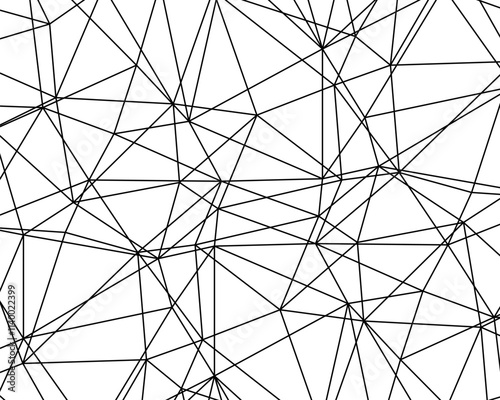 Abstract geometric background with straight black lines over white background. Thin line art, modern design, asymmetric and chaotic style. Vector illustration.
