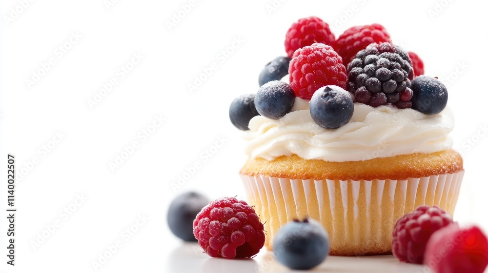 Delicious cupcake topped with fresh berries on a pristine white background ideal for desserts and culinary presentations Delicious cupcake topped with fresh berries on a pristine white background ideal for desserts and culinary presentations