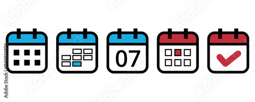 Collection of flat calendar icons in different formats and colors for websites and graphic resources, calendar icon with specific day marked on day 07.