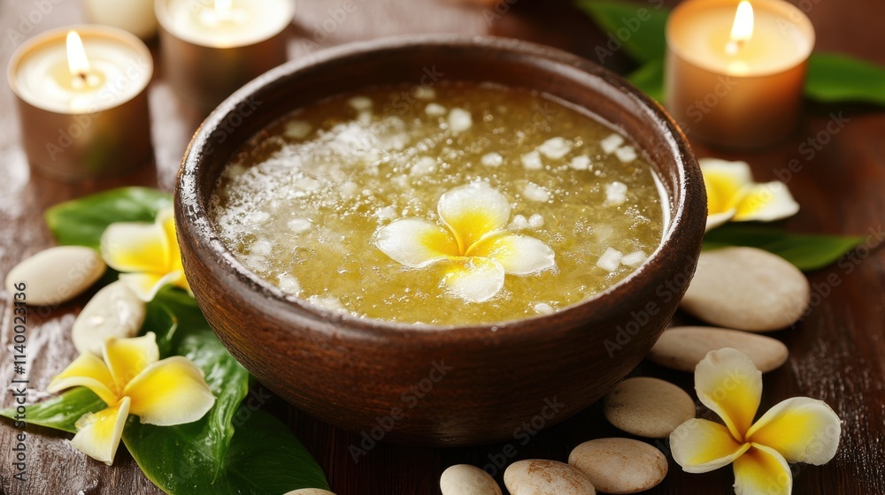 Calm Spa Setting with Essence, Stones, Candle and Flower on Wood Calm Spa Setting with Essence, Stones, Candle and Flower on Wood