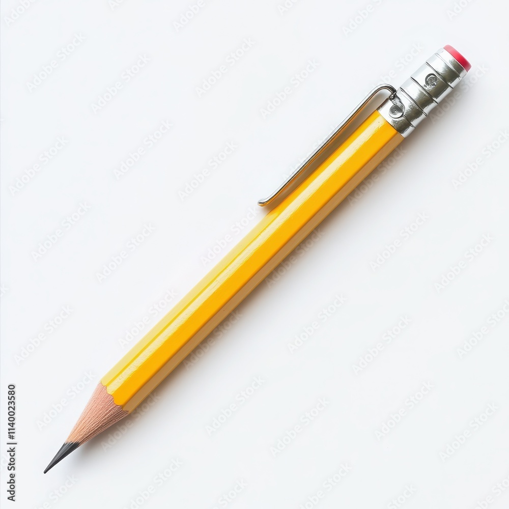 A classic yellow pencil with a sharpened tip and an eraser on top on a white background A classic yellow pencil with a sharpened tip and an eraser on top on a white background