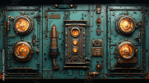 steampunk, parts, gears, cogs, pistons, levers, valves, pipes, brass, copper, rivets, bolts, screws, chains, wheels, pulleys, springs, gauges, dials, meters, cranks, handles, mechanisms, machinery, st
