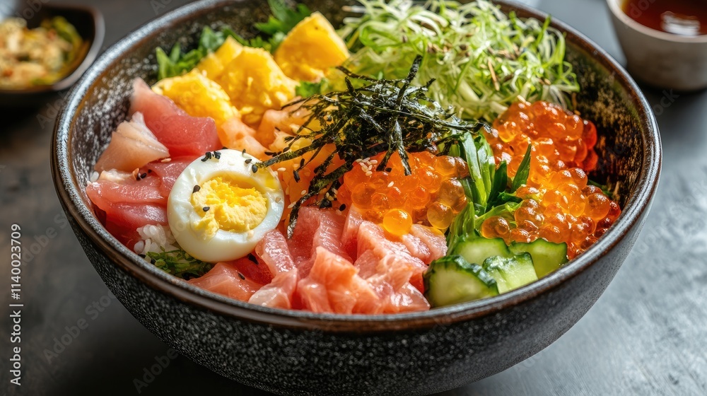 Fresh seafood sashimi bowl with vegetables, egg, and garnishes presented in an elegant black bowl Healthy food style Fresh seafood sashimi bowl with vegetables, egg, and garnishes presented in an elegant black bowl Healthy food style