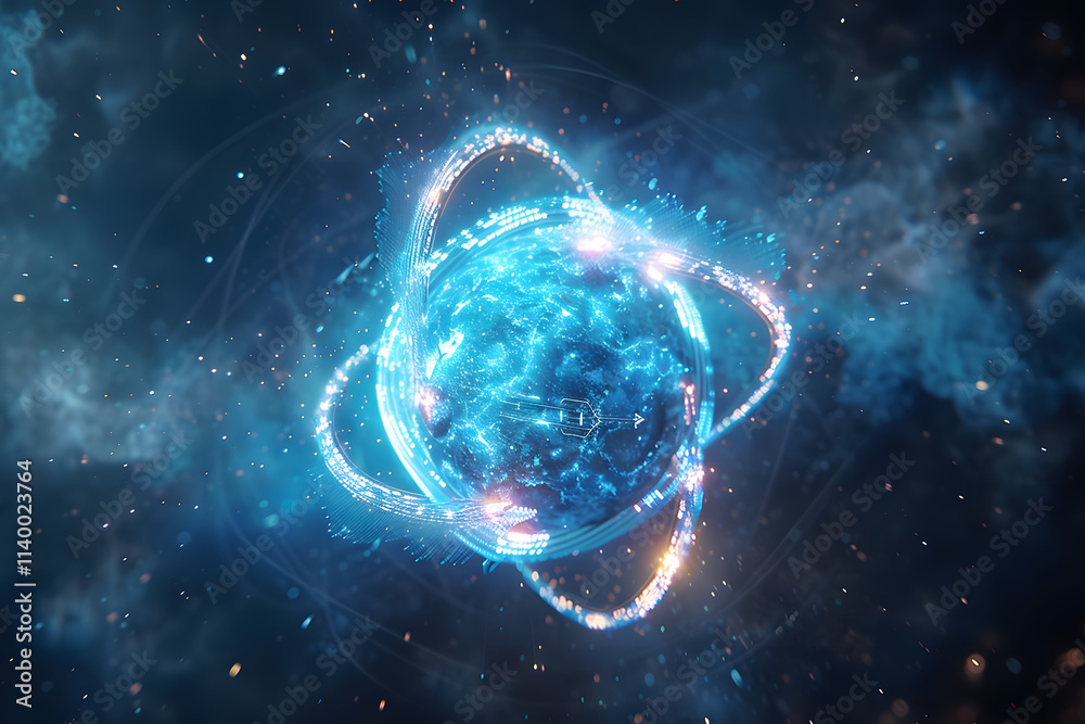 an atom with glowing particles and circuitry II