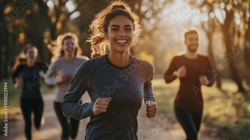 Friends Running Together in Sunlit Park