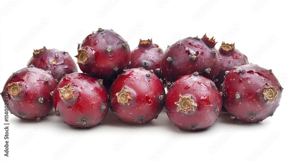 Obraz premium Ripe cactus fruits stacked on a white background showcasing vibrant colors and natural texture ideal for food or botanical themes