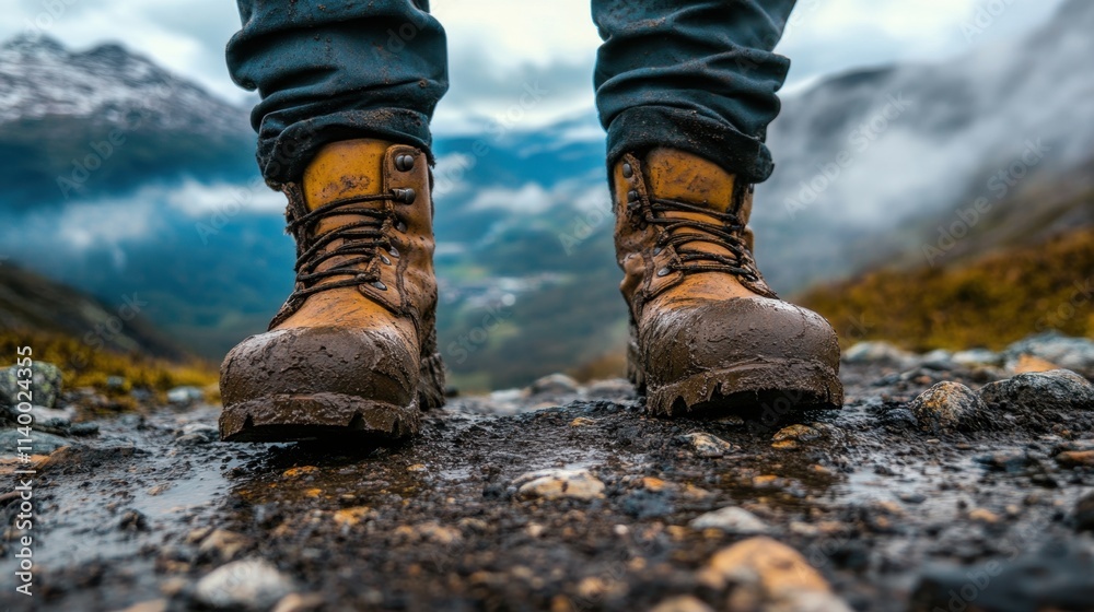 Muddy Hiking Boots on Rocky Path with Scenic Mountains in Background Muddy Hiking Boots on Rocky Path with Scenic Mountains in Background