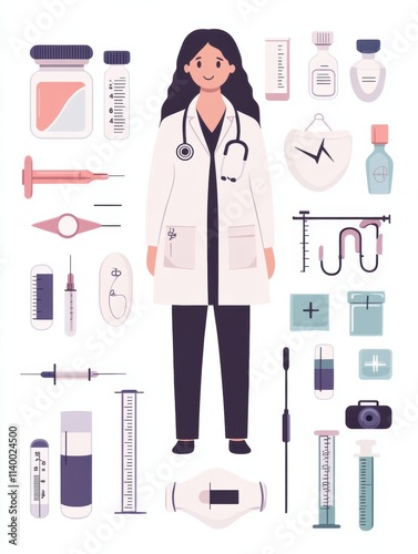 medical illustration Female Healthcare Professional Surrounded by Medical Equipment and Supplies