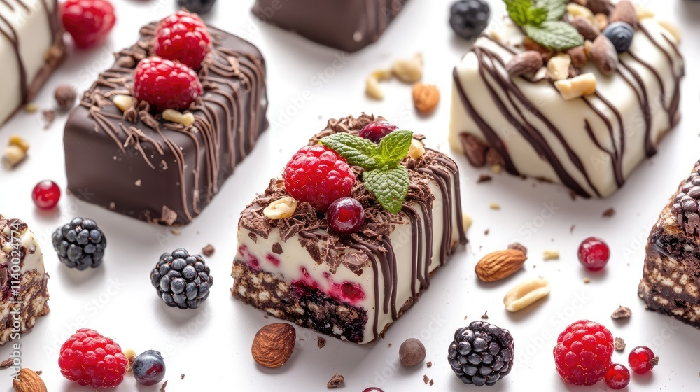 Delicious assorted chocolate cakes with berries and nuts arranged artistically on a clean white background ideal for dessert decoration themes. Delicious assorted chocolate cakes with berries and nuts arranged artistically on a clean white background ideal for dessert decoration themes.