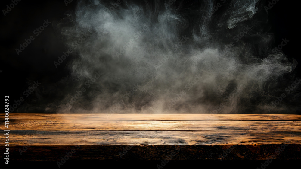 An old wooden tabletop enveloped in smoke against a dark background. An old wooden tabletop enveloped in smoke against a dark background.