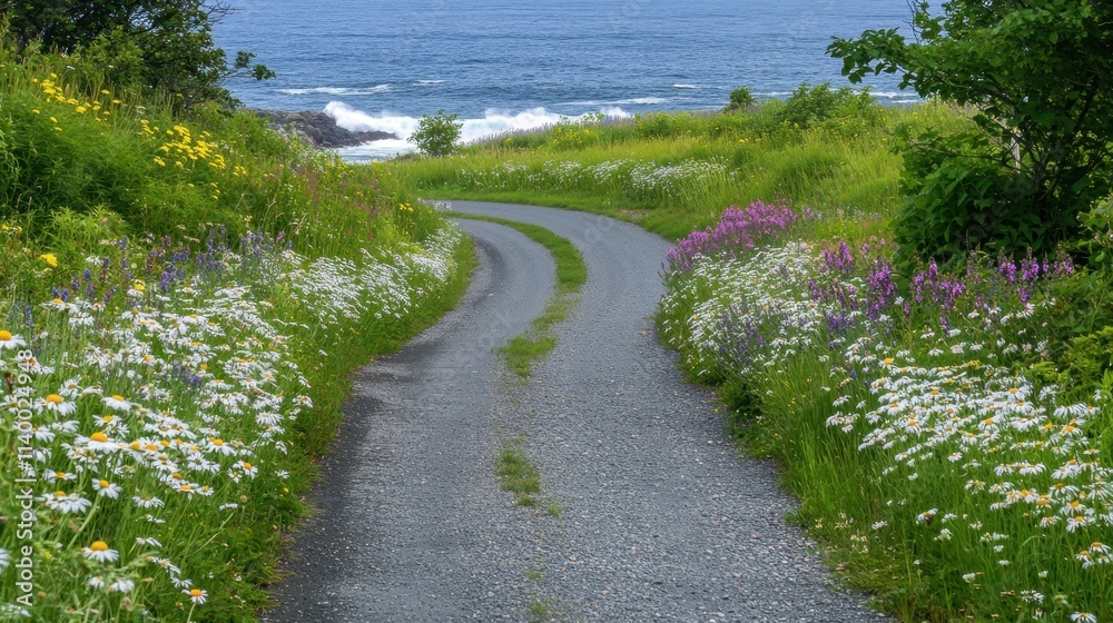 Scenic Coastal Road Surrounded by Lush Wildflowers and Ocean View Scenic Coastal Road Surrounded by Lush Wildflowers and Ocean View