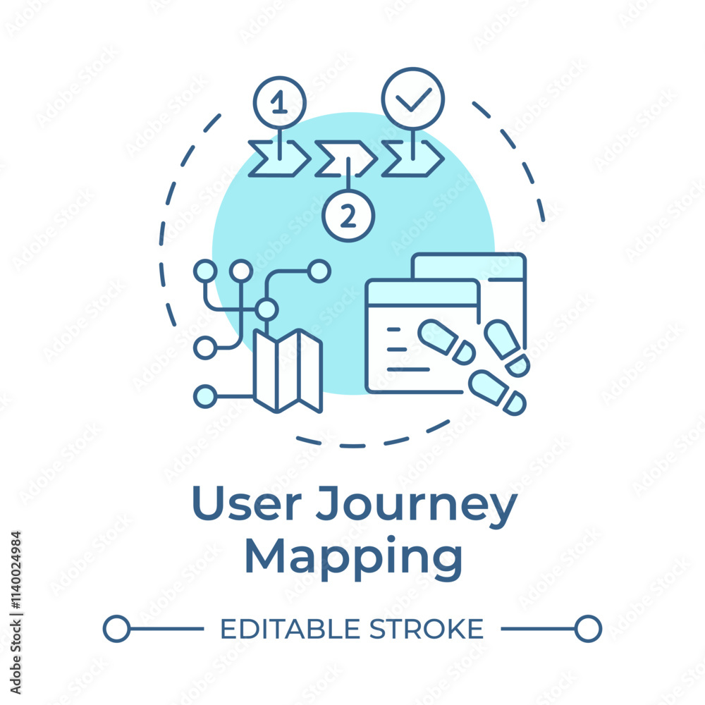 User journey mapping soft blue concept icon. Identify friction points. Website visitor tracking method. Round shape line illustration. Abstract idea. Graphic design. Easy to use in presentation User journey mapping soft blue concept icon. Identify friction points. Website visitor tracking method. Round shape line illustration. Abstract idea. Graphic design. Easy to use in presentation