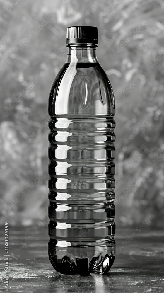 A clear plastic bottle filled with liquid, set against a textured background. A clear plastic bottle filled with liquid, set against a textured background.