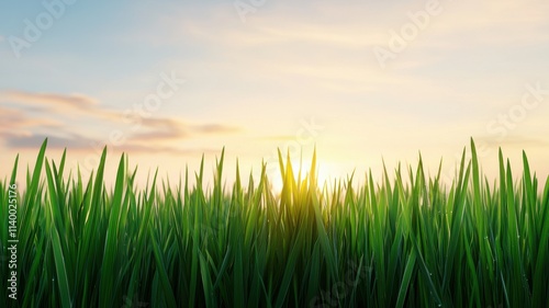 A serene landscape featuring green grass illuminated by a warm sunrise, creating a peaceful atmosphere.