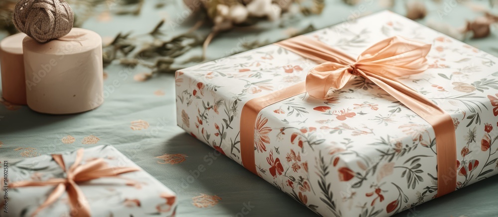 Boho style wedding bouquet featuring dried flowers set outdoors with beautifully wrapped gift boxes in natural decor Boho style wedding bouquet featuring dried flowers set outdoors with beautifully wrapped gift boxes in natural decor