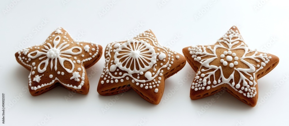 Fototapeta premium Gingerbread stars with intricate icing designs perfect for holiday celebrations and festive decorations