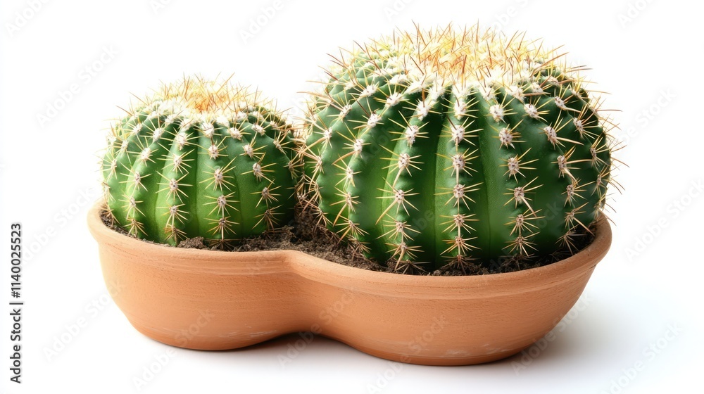 Two round cacti in a terracotta pot on a white background showcasing their vibrant green color and distinct spines. Two round cacti in a terracotta pot on a white background showcasing their vibrant green color and distinct spines.