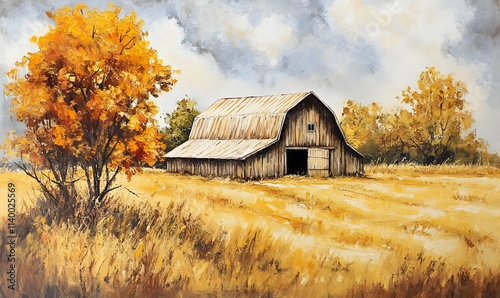 A serene autumn landscape featuring a rustic barn surrounded by golden fields and trees.