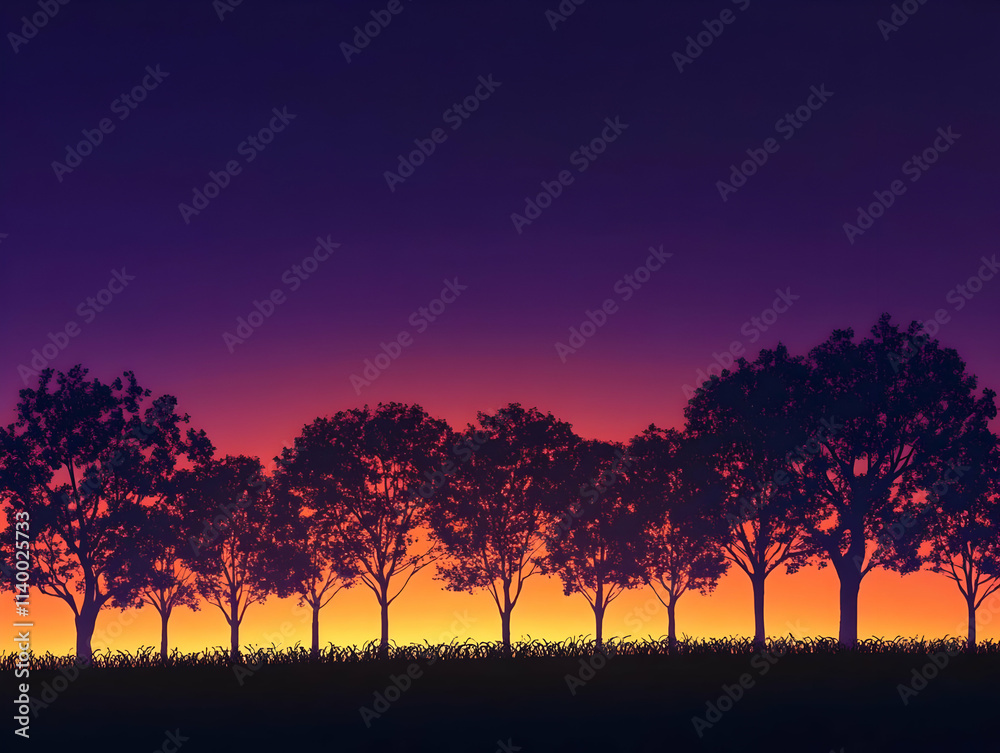 A serene sunset silhouette of trees against a vibrant gradient sky. A serene sunset silhouette of trees against a vibrant gradient sky.
